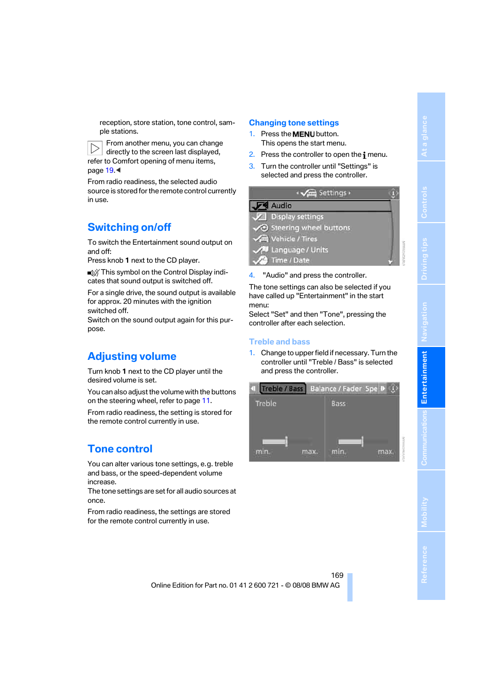 Switching on/off, Adjusting volume, Tone control | BMW 535i xDrive Sports Wagon 2009 User Manual | Page 171 / 294