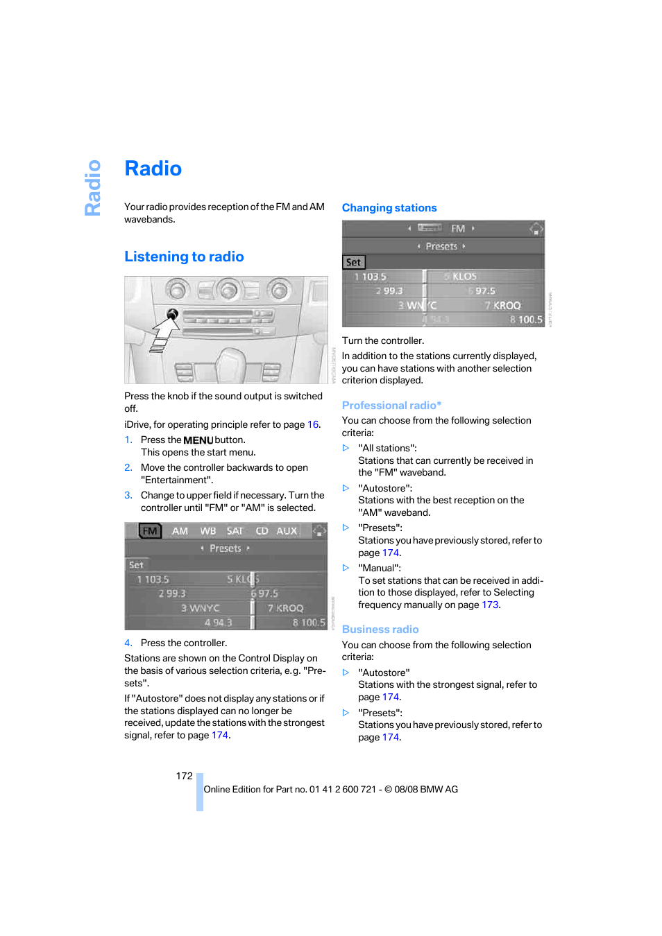 Radio, Listening to radio, Radi o | BMW 535i xDrive Sports Wagon 2009 User Manual | Page 174 / 294