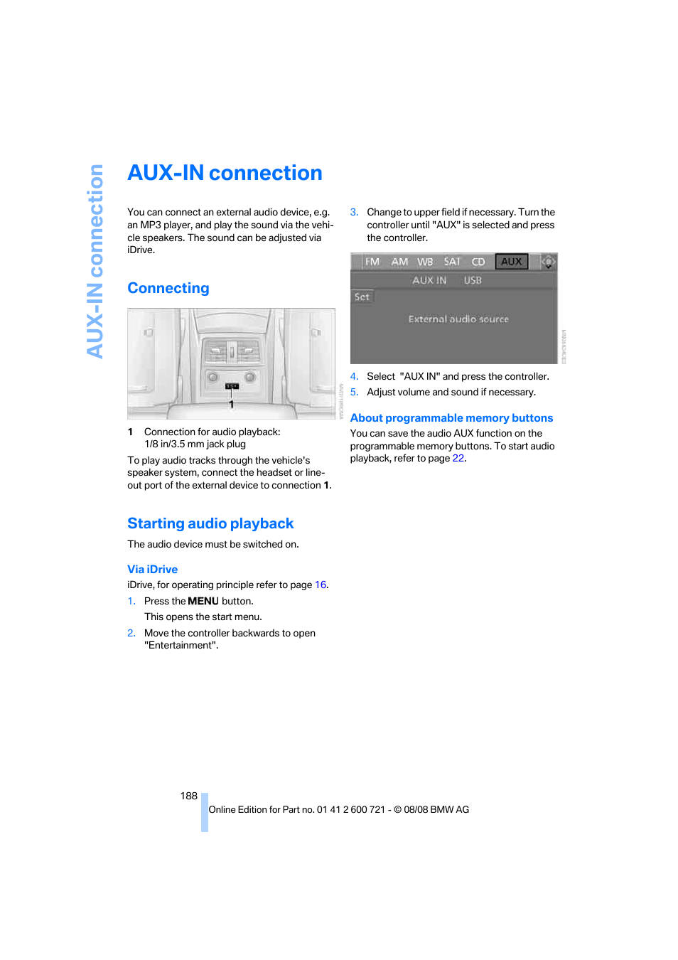 Aux-in connection, Connecting, Starting audio playback | BMW 535i xDrive Sports Wagon 2009 User Manual | Page 190 / 294