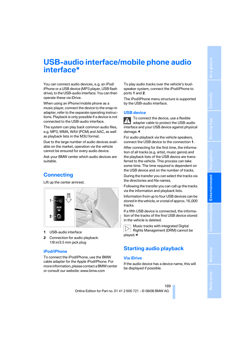 Usb-audio interface/mobile phone audio interface, Connecting, Starting audio playback | BMW 535i xDrive Sports Wagon 2009 User Manual | Page 191 / 294