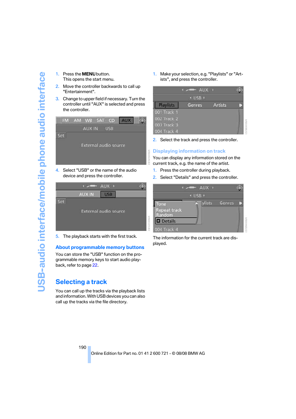 Selecting a track, Usb-audio interface/mobile phone audio interface | BMW 535i xDrive Sports Wagon 2009 User Manual | Page 192 / 294