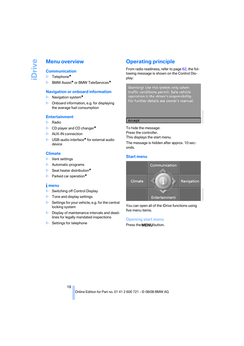 Menu overview, Operating principle, Idrive | BMW 535i xDrive Sports Wagon 2009 User Manual | Page 20 / 294