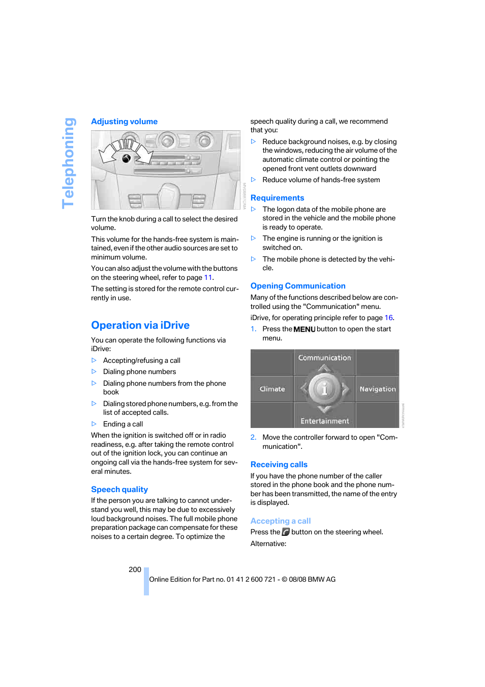 Operation via idrive, Telephoning | BMW 535i xDrive Sports Wagon 2009 User Manual | Page 202 / 294