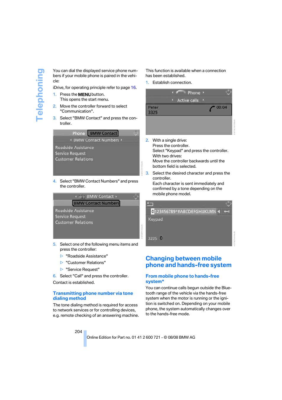 Telephoning | BMW 535i xDrive Sports Wagon 2009 User Manual | Page 206 / 294