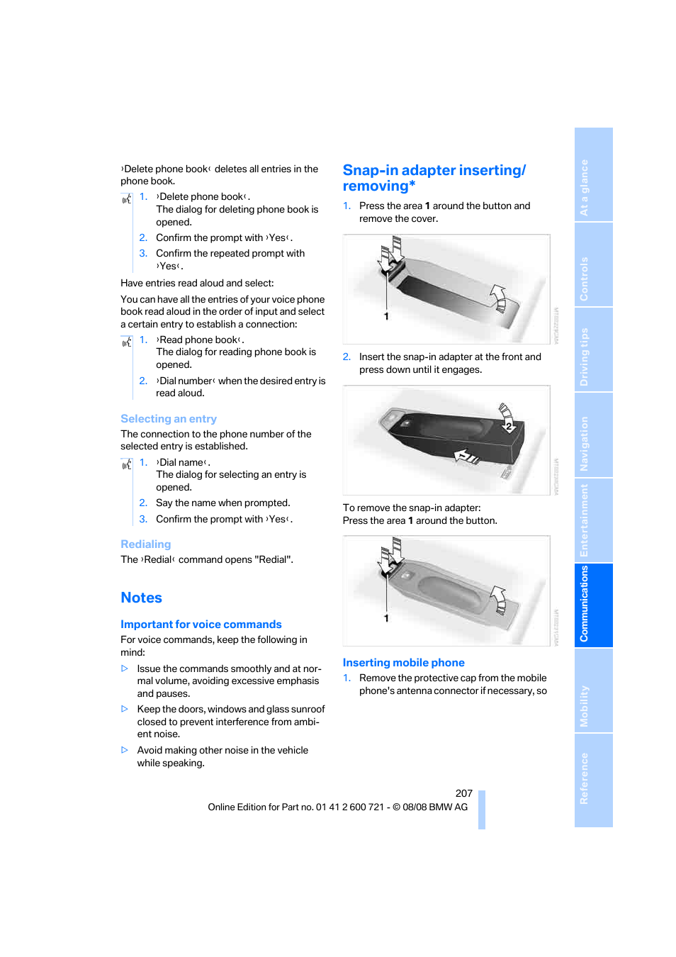 Notes, Snap-in adapter inserting/ removing | BMW 535i xDrive Sports Wagon 2009 User Manual | Page 209 / 294