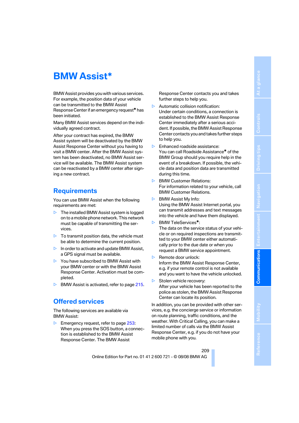 Bmw assist, Requirements, Offered services | BMW 535i xDrive Sports Wagon 2009 User Manual | Page 211 / 294