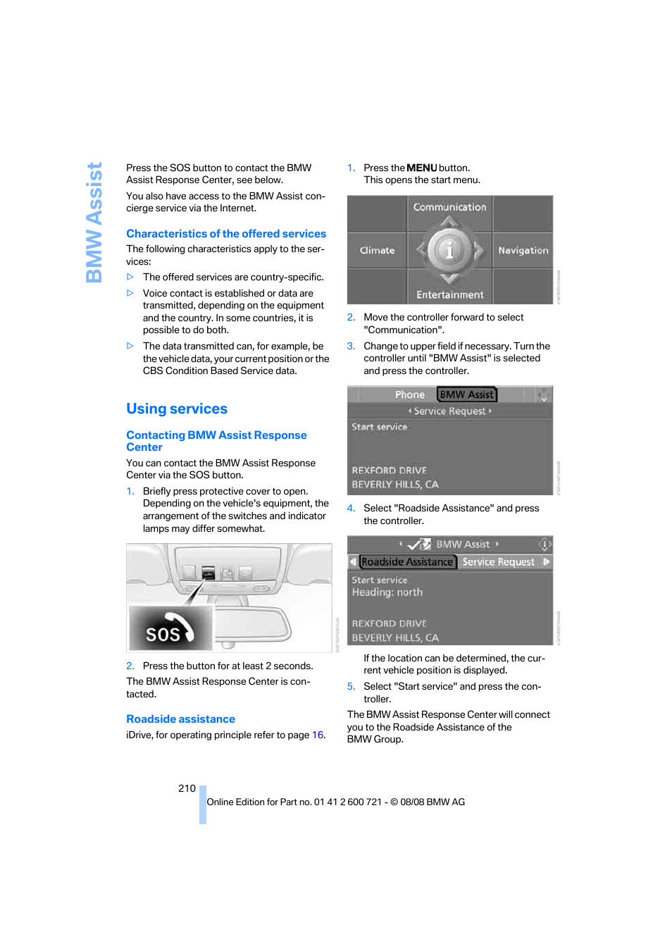 Using services, Bmw assist | BMW 535i xDrive Sports Wagon 2009 User Manual | Page 212 / 294