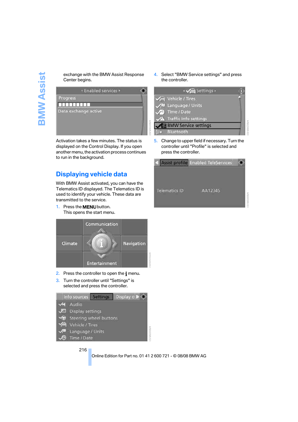 Displaying vehicle data, Bmw assist | BMW 535i xDrive Sports Wagon 2009 User Manual | Page 218 / 294