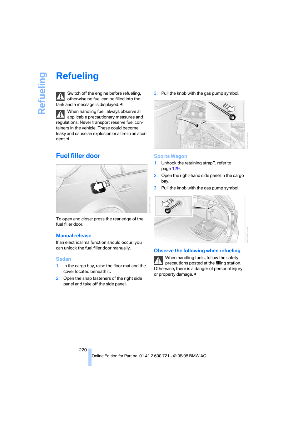 Refueling, Fuel filler door, Lity | BMW 535i xDrive Sports Wagon 2009 User Manual | Page 222 / 294