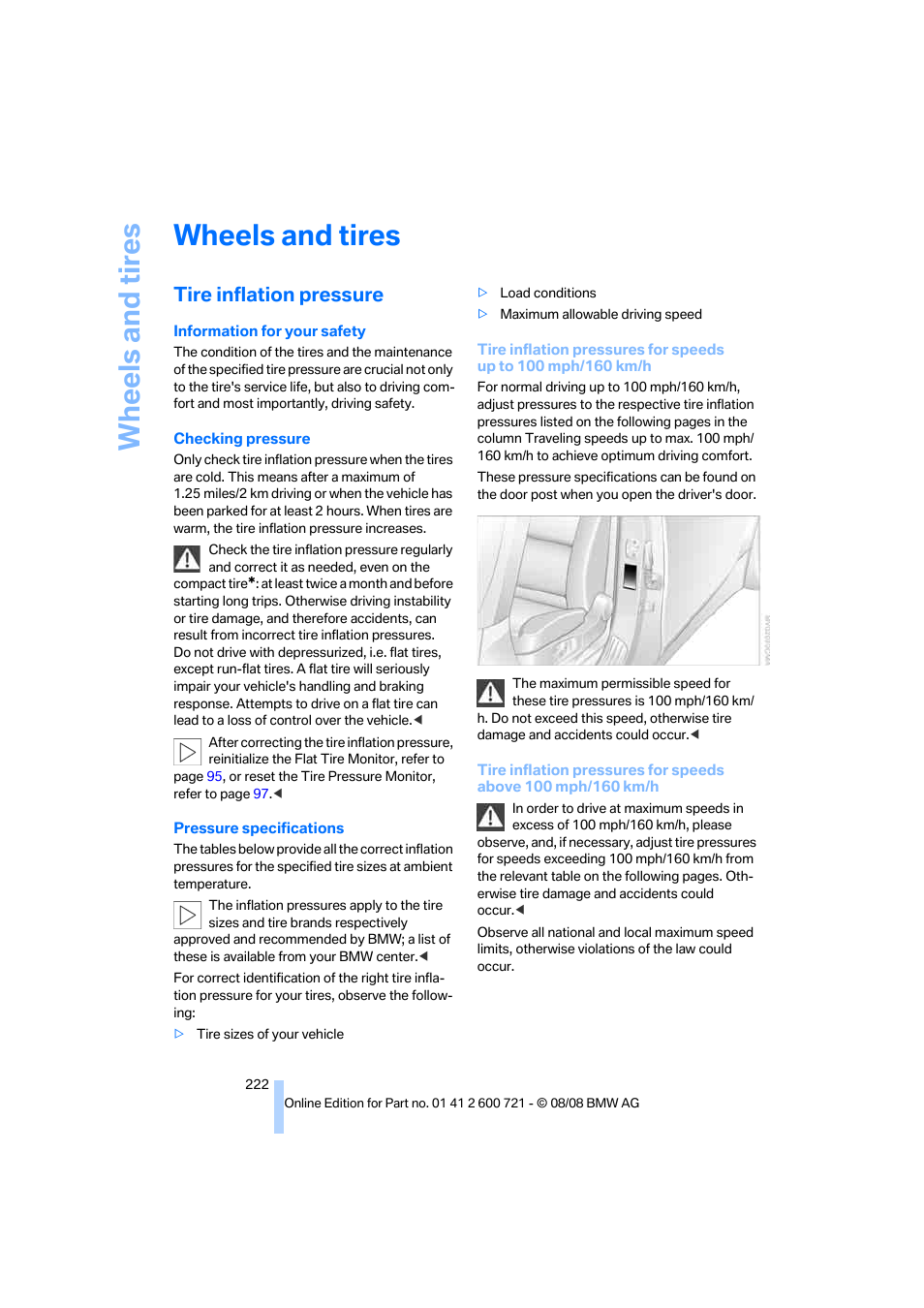 Wheels and tires, Tire inflation pressure | BMW 535i xDrive Sports Wagon 2009 User Manual | Page 224 / 294