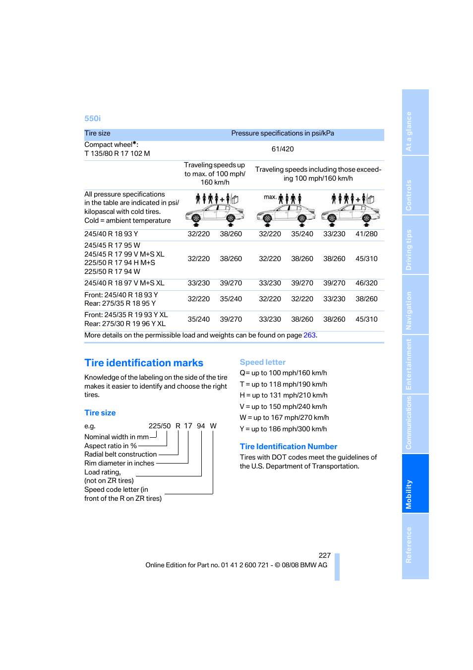 Tire identification marks | BMW 535i xDrive Sports Wagon 2009 User Manual | Page 229 / 294