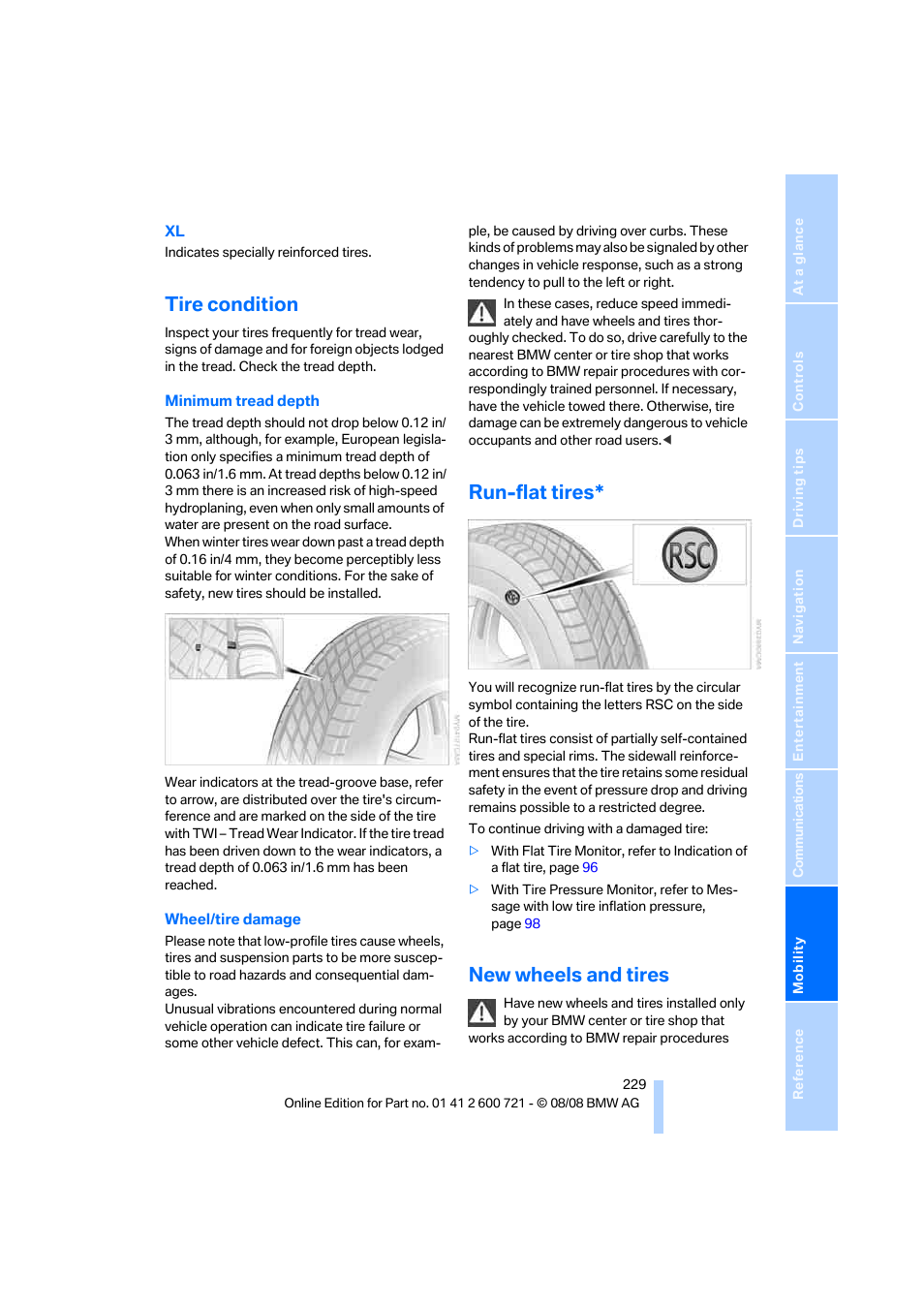 Tire condition, Run-flat tires, New wheels and tires | BMW 535i xDrive Sports Wagon 2009 User Manual | Page 231 / 294