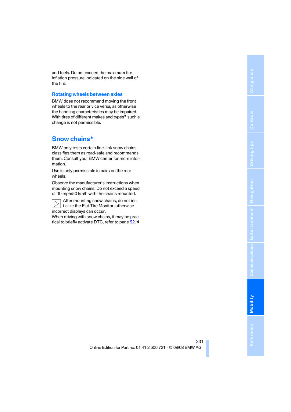 Snow chains | BMW 535i xDrive Sports Wagon 2009 User Manual | Page 233 / 294