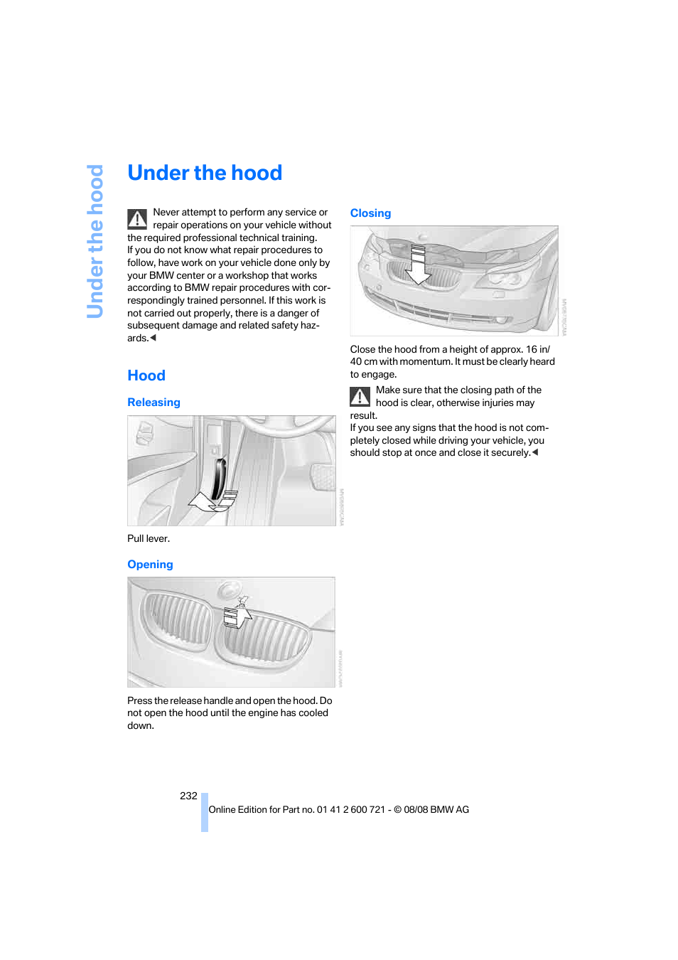 Under the hood, Hood | BMW 535i xDrive Sports Wagon 2009 User Manual | Page 234 / 294