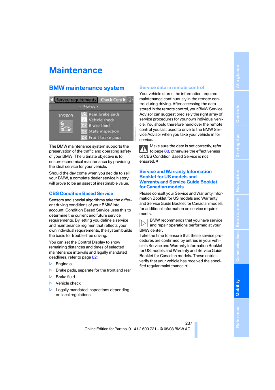 Maintenance, Bmw maintenance system | BMW 535i xDrive Sports Wagon 2009 User Manual | Page 239 / 294