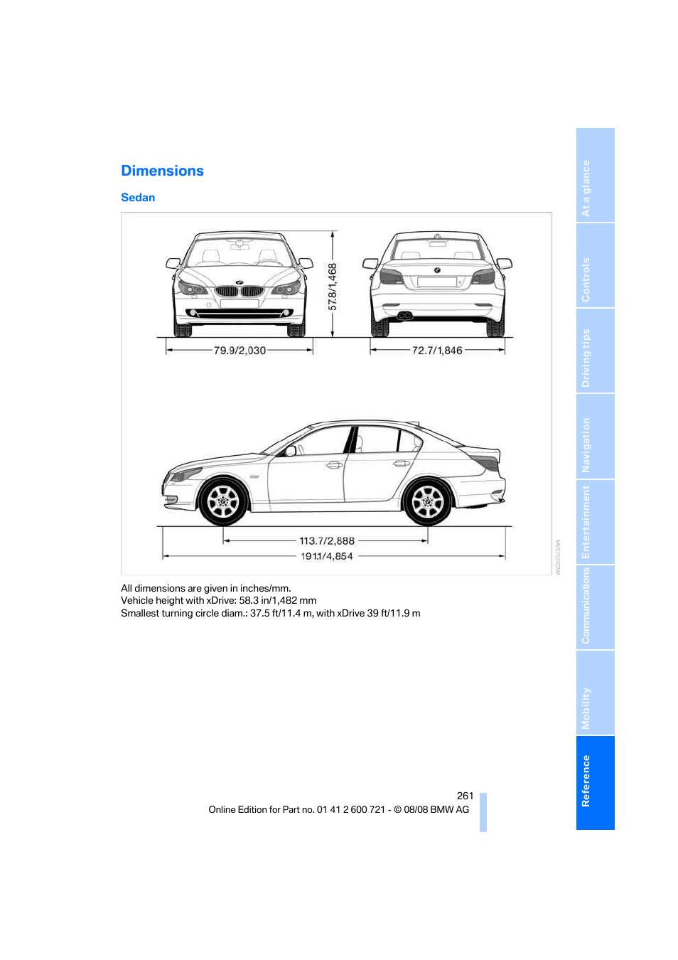 Dimensions | BMW 535i xDrive Sports Wagon 2009 User Manual | Page 263 / 294