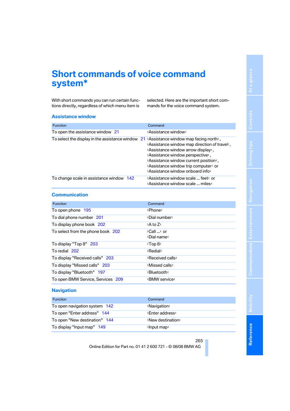 Short commands of voice command system | BMW 535i xDrive Sports Wagon 2009 User Manual | Page 267 / 294