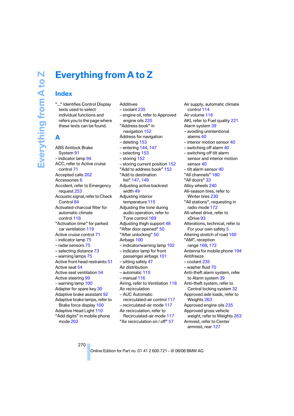 Everything from a to z, Index | BMW 535i xDrive Sports Wagon 2009 User Manual | Page 272 / 294