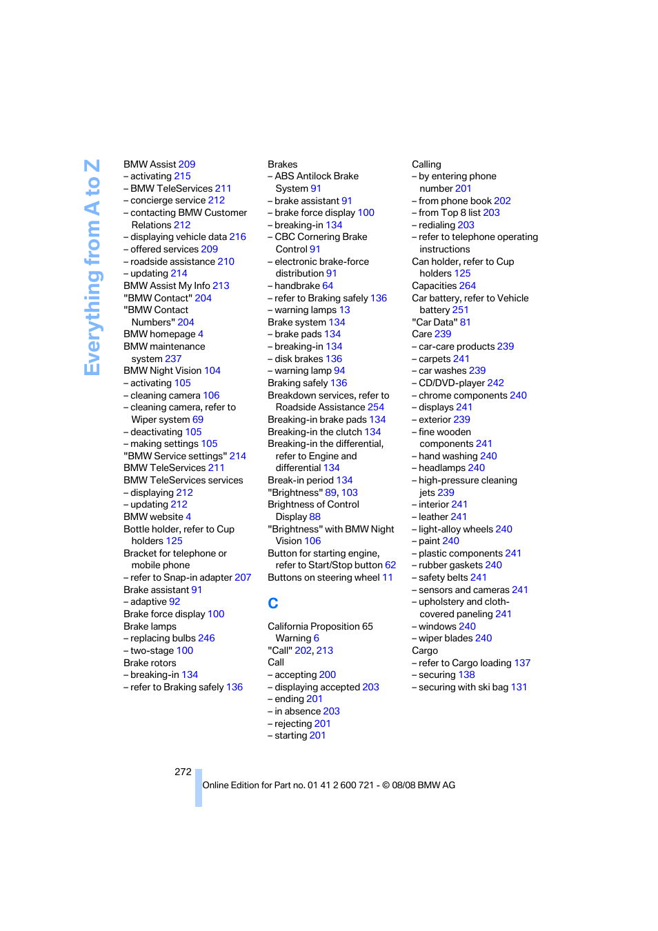 Everything from a to z | BMW 535i xDrive Sports Wagon 2009 User Manual | Page 274 / 294