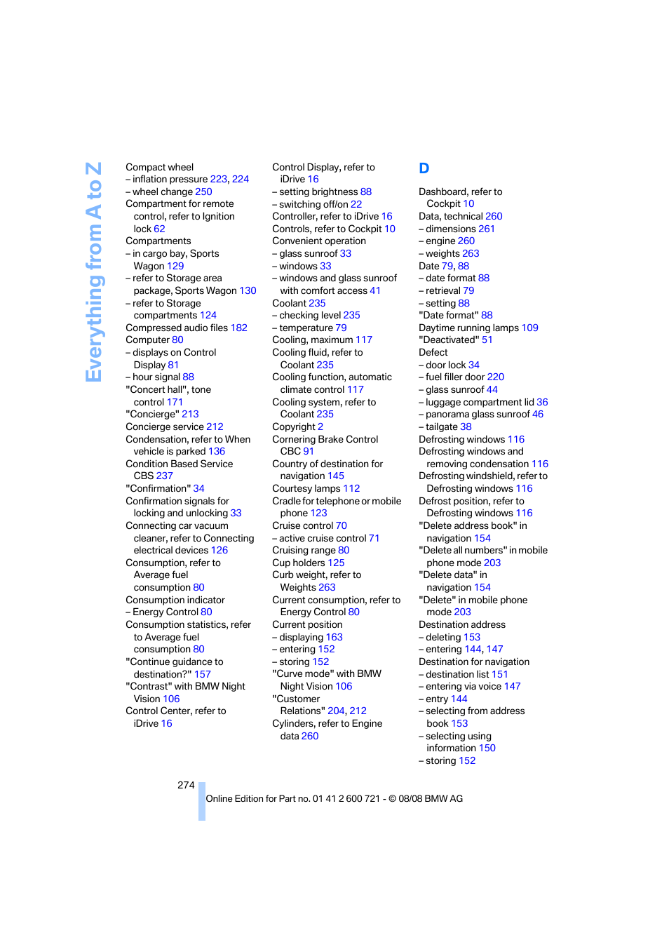 Everything from a to z | BMW 535i xDrive Sports Wagon 2009 User Manual | Page 276 / 294