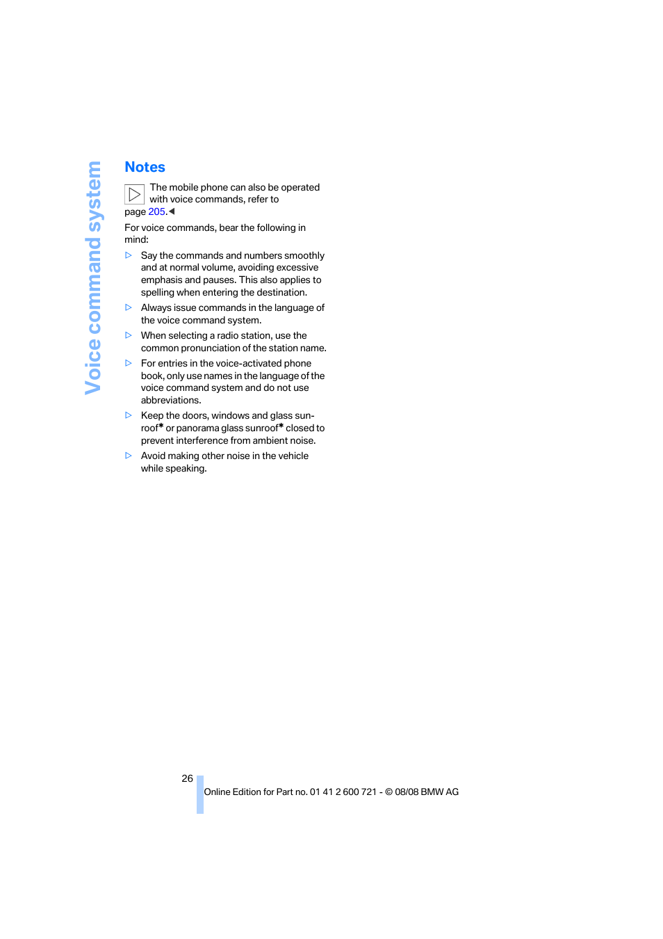 Notes, Voice command system | BMW 535i xDrive Sports Wagon 2009 User Manual | Page 28 / 294