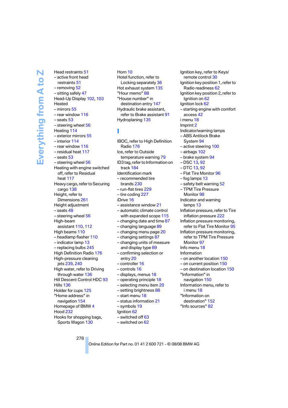 Everything from a to z | BMW 535i xDrive Sports Wagon 2009 User Manual | Page 280 / 294