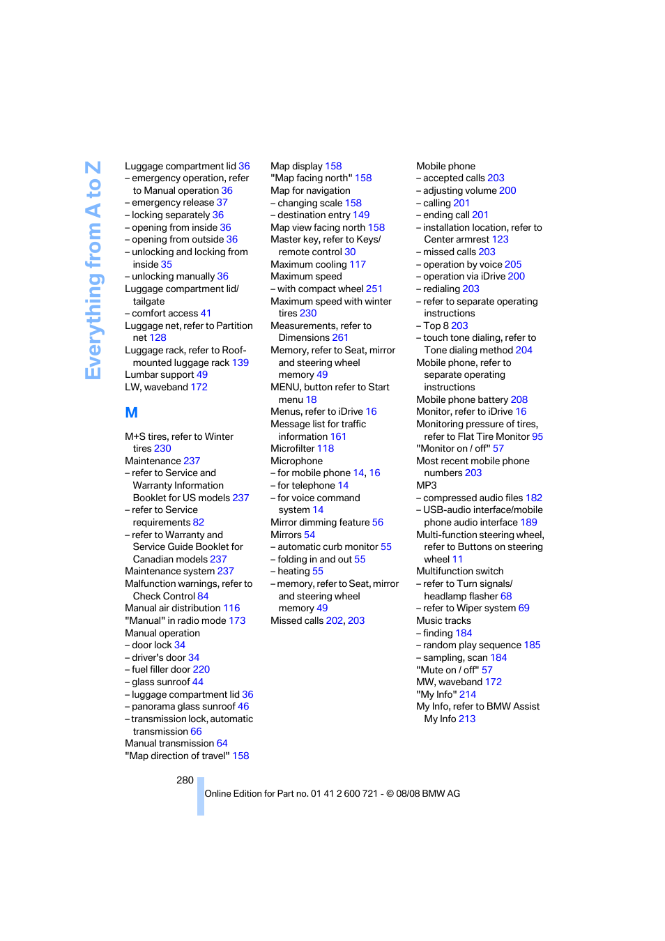 Everything from a to z | BMW 535i xDrive Sports Wagon 2009 User Manual | Page 282 / 294