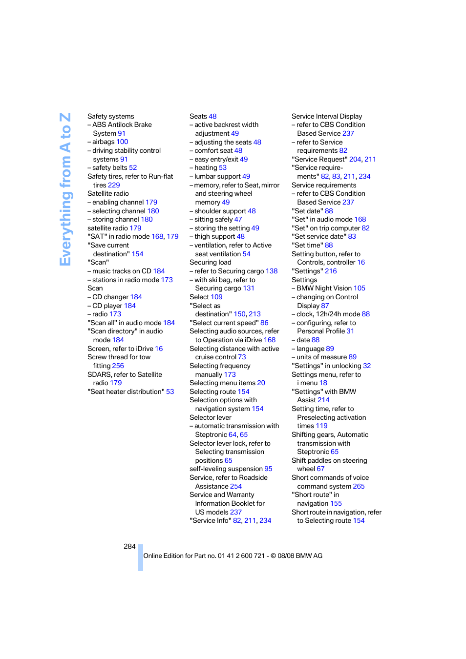 Everything from a to z | BMW 535i xDrive Sports Wagon 2009 User Manual | Page 286 / 294