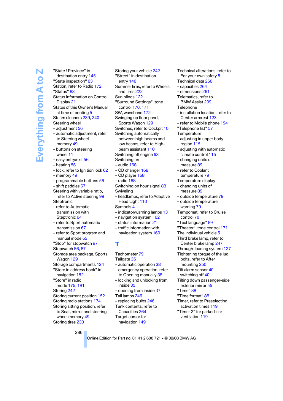 Everything from a to z | BMW 535i xDrive Sports Wagon 2009 User Manual | Page 288 / 294