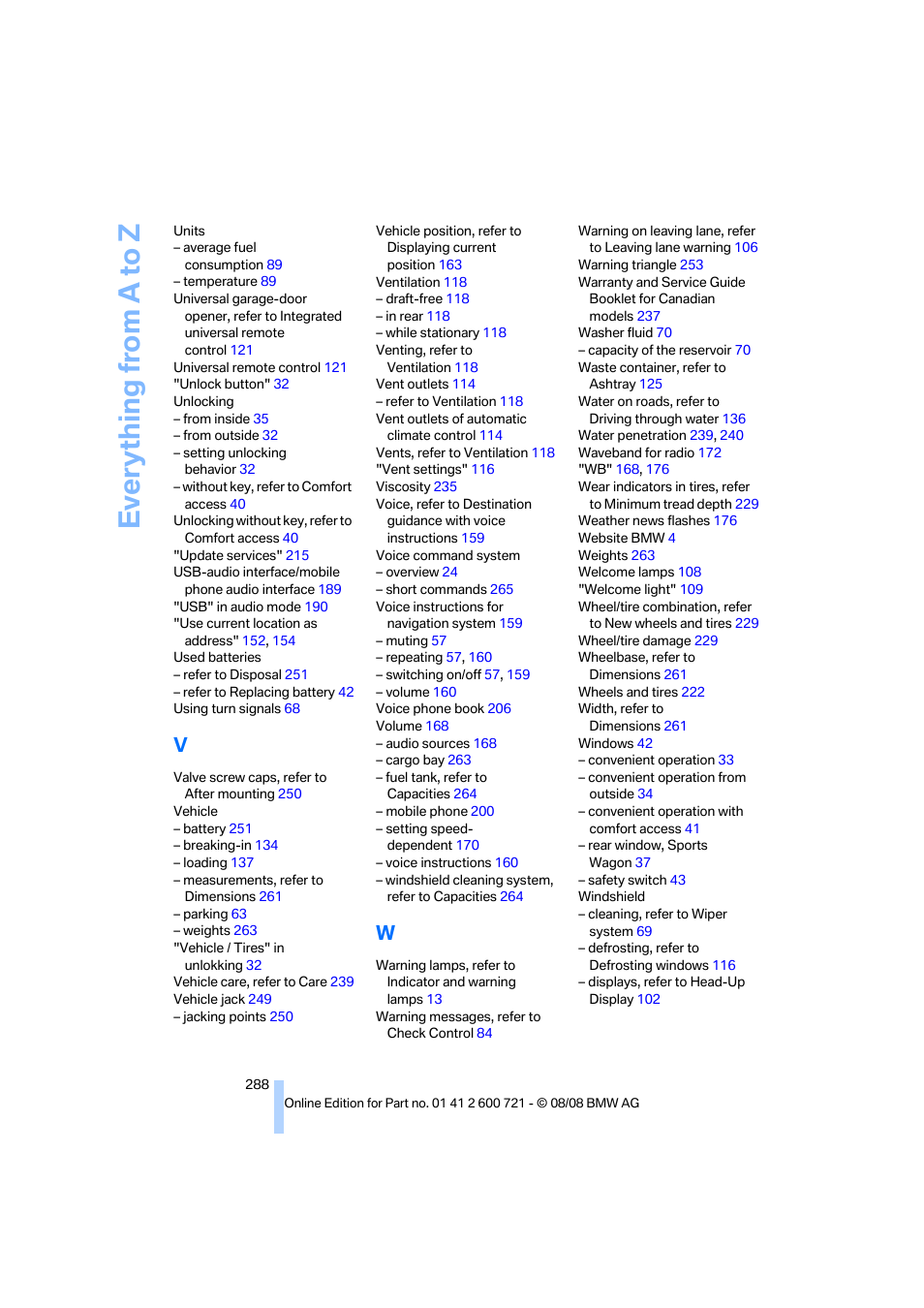 Everything from a to z | BMW 535i xDrive Sports Wagon 2009 User Manual | Page 290 / 294