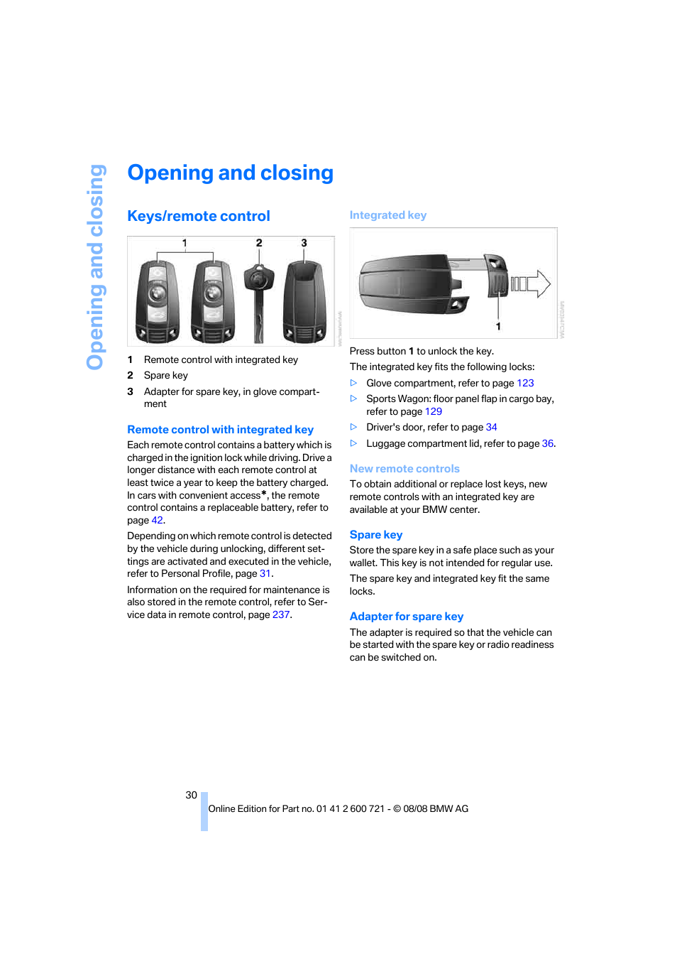 Opening and closing, Keys/remote control | BMW 535i xDrive Sports Wagon 2009 User Manual | Page 32 / 294