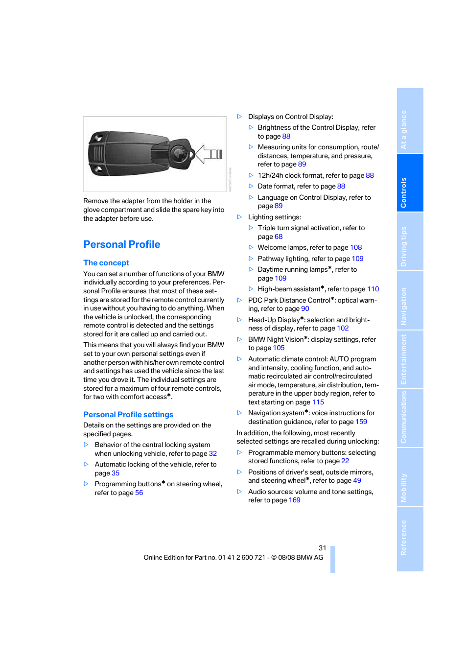 Personal profile | BMW 535i xDrive Sports Wagon 2009 User Manual | Page 33 / 294