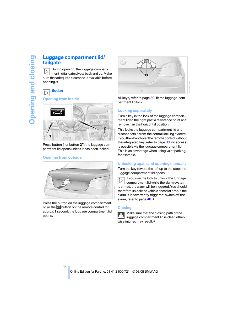 Luggage compartment lid/ tailgate, Tailgate, Opening and closing | BMW 535i xDrive Sports Wagon 2009 User Manual | Page 38 / 294