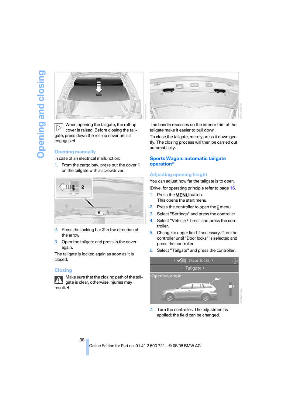 Opening and closing | BMW 535i xDrive Sports Wagon 2009 User Manual | Page 40 / 294