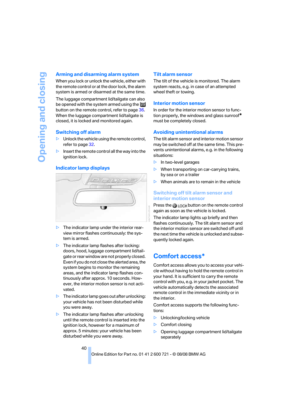 Comfort access, Opening and closing | BMW 535i xDrive Sports Wagon 2009 User Manual | Page 42 / 294