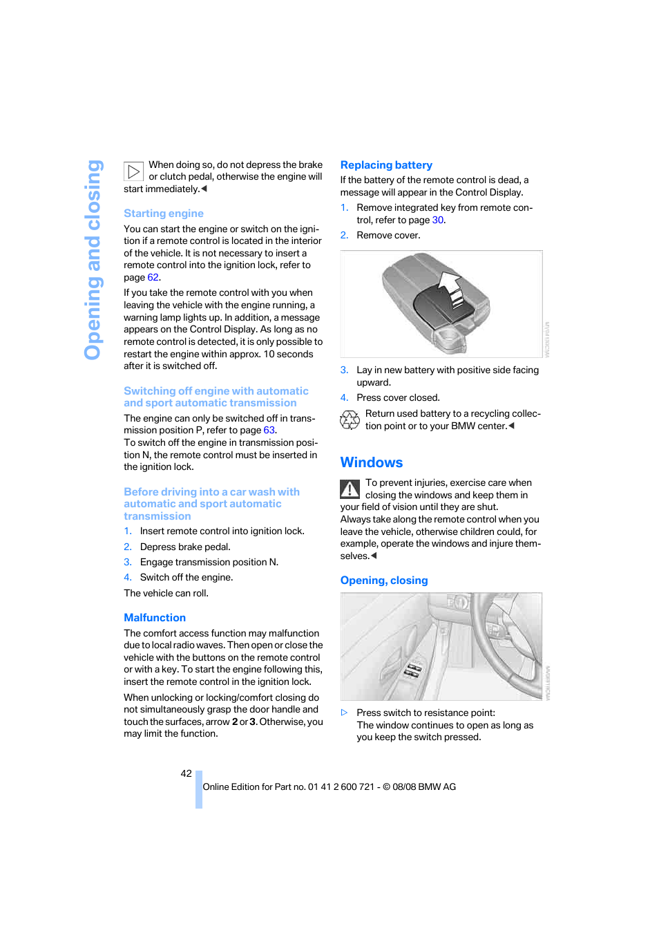 Windows, Opening and closing | BMW 535i xDrive Sports Wagon 2009 User Manual | Page 44 / 294