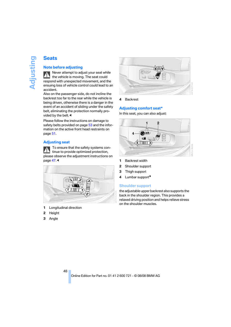 Seats, Adjusting | BMW 535i xDrive Sports Wagon 2009 User Manual | Page 50 / 294