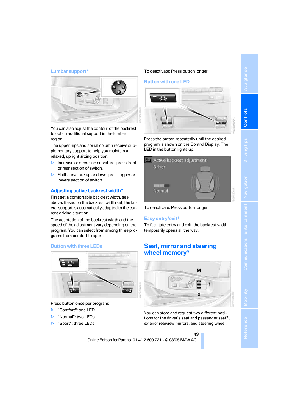 Seat, mirror and steering wheel memory | BMW 535i xDrive Sports Wagon 2009 User Manual | Page 51 / 294