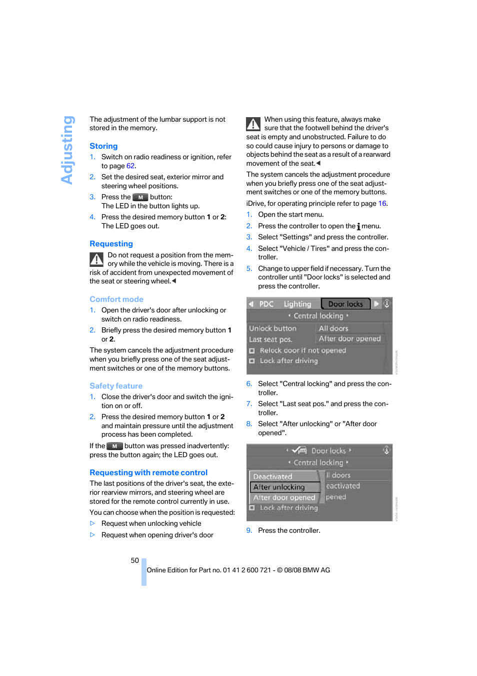 Adjusting | BMW 535i xDrive Sports Wagon 2009 User Manual | Page 52 / 294