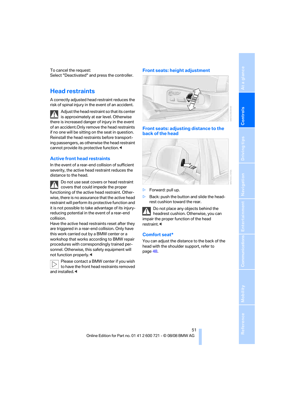 Head restraints | BMW 535i xDrive Sports Wagon 2009 User Manual | Page 53 / 294