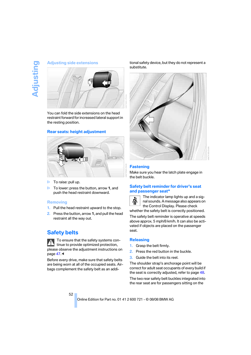 Safety belts, Adjusting | BMW 535i xDrive Sports Wagon 2009 User Manual | Page 54 / 294