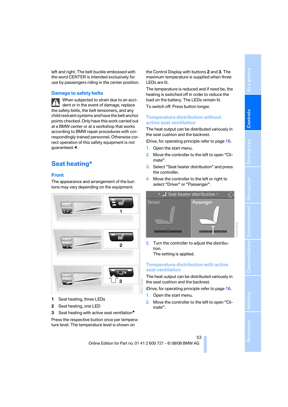 Seat heating | BMW 535i xDrive Sports Wagon 2009 User Manual | Page 55 / 294