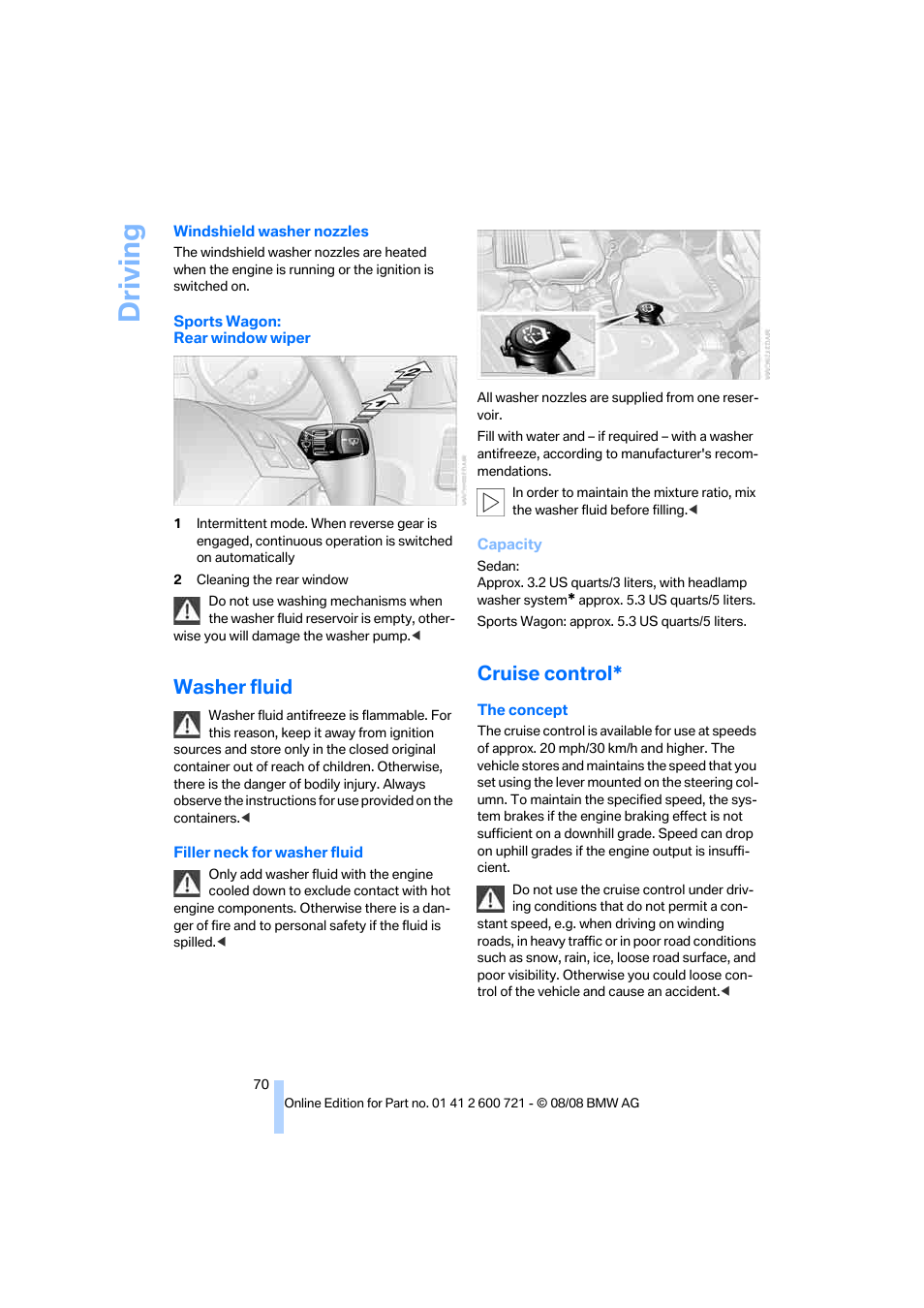 Washer fluid, Cruise control, Driving | BMW 535i xDrive Sports Wagon 2009 User Manual | Page 72 / 294