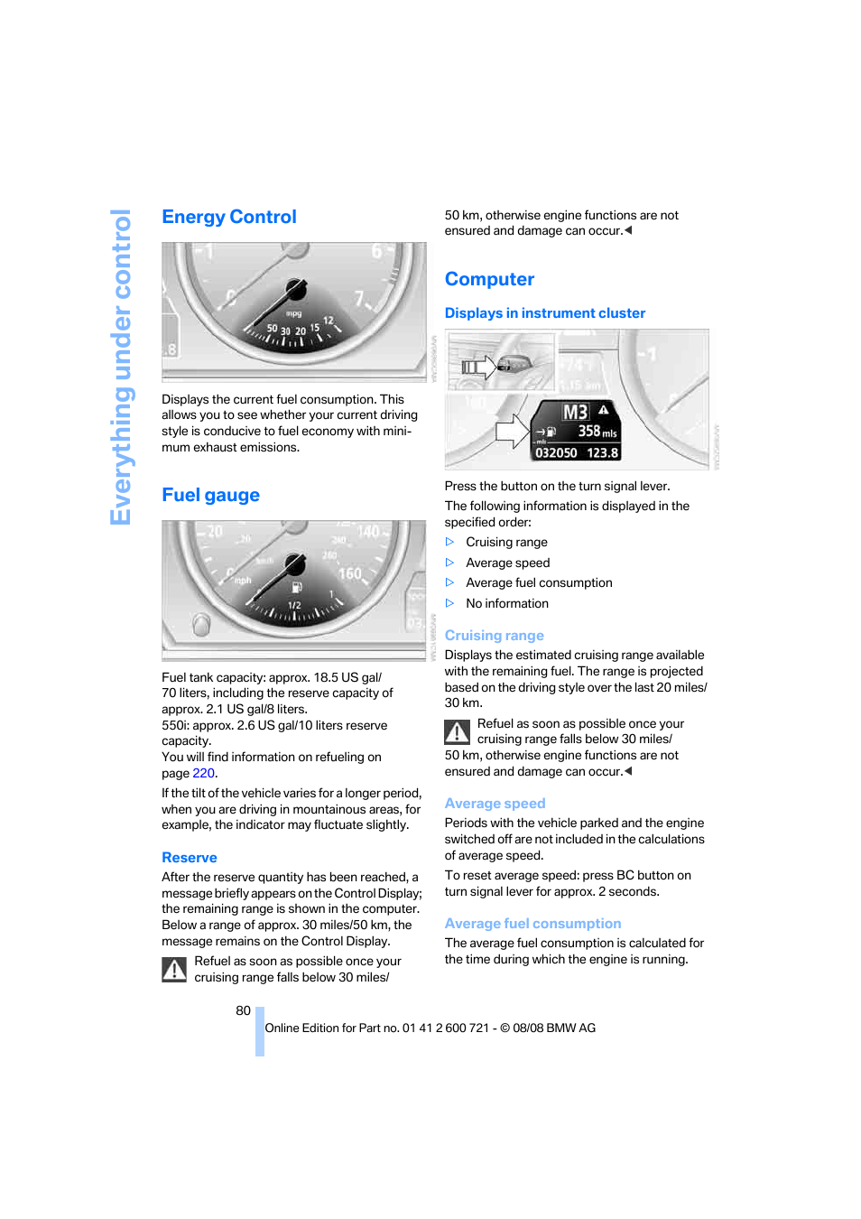 Energy control, Fuel gauge, Computer | Everything under control | BMW 535i xDrive Sports Wagon 2009 User Manual | Page 82 / 294