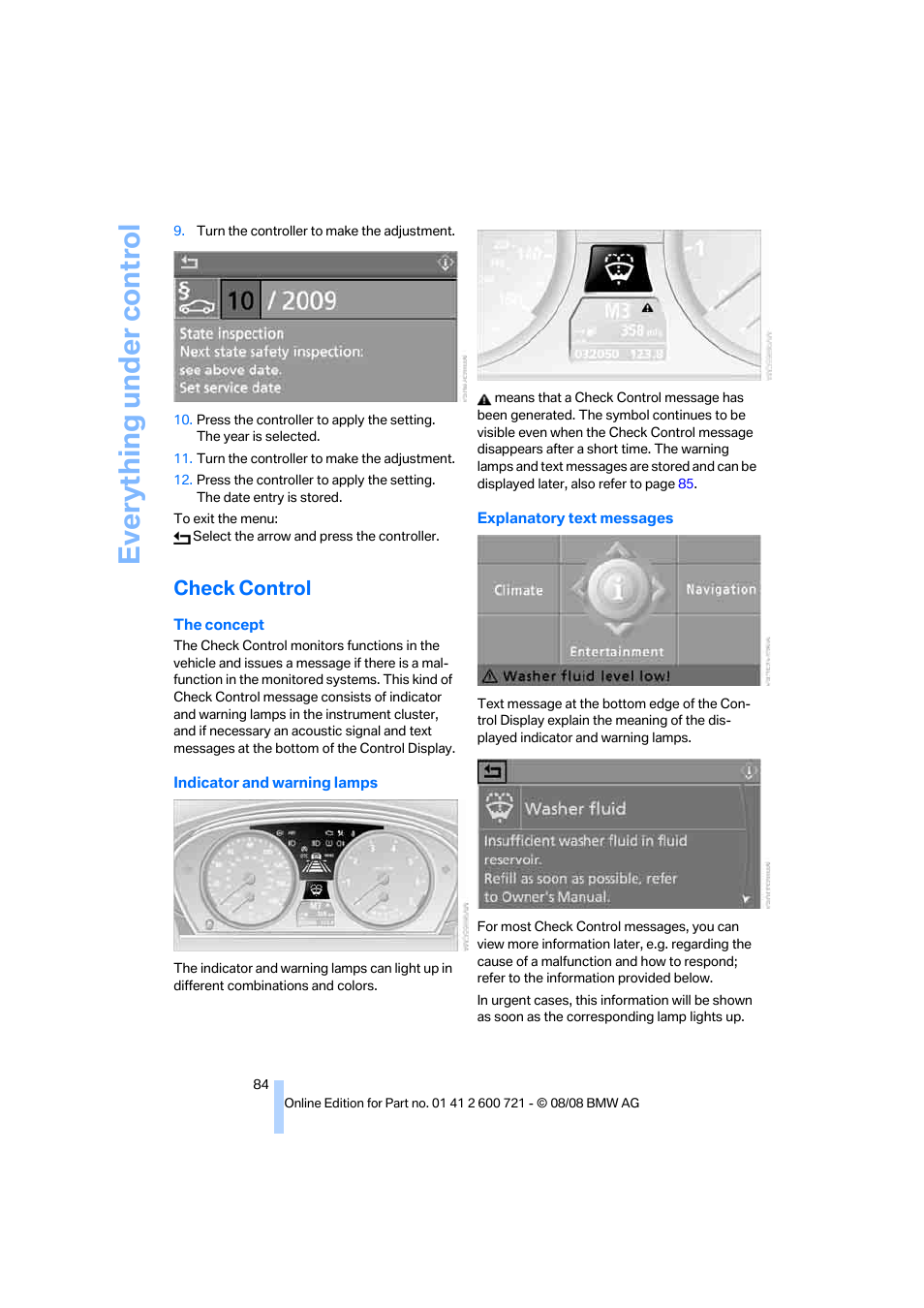 Check control, The check control, Everything under control | BMW 535i xDrive Sports Wagon 2009 User Manual | Page 86 / 294