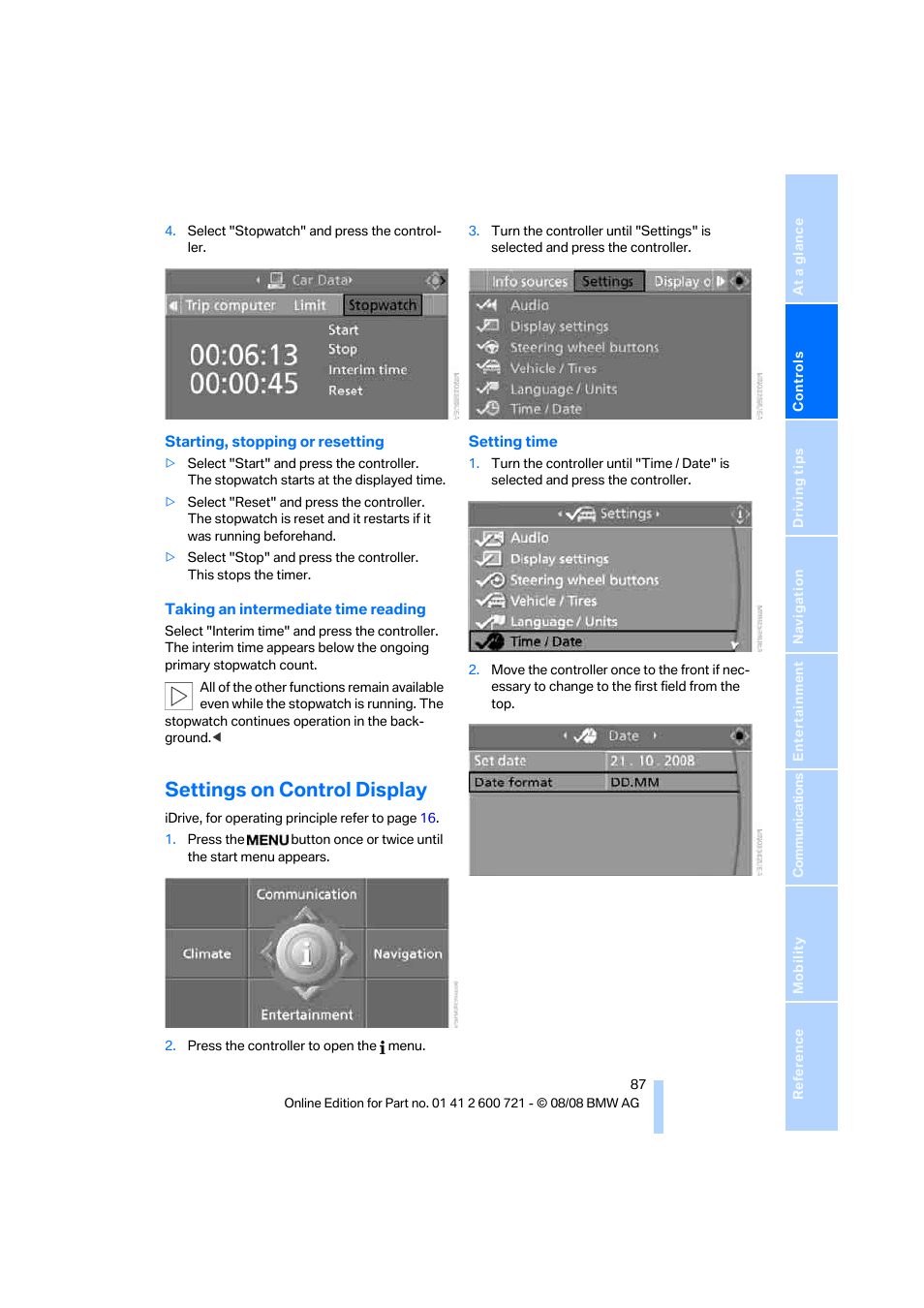 Settings on control display, Othe | BMW 535i xDrive Sports Wagon 2009 User Manual | Page 89 / 294