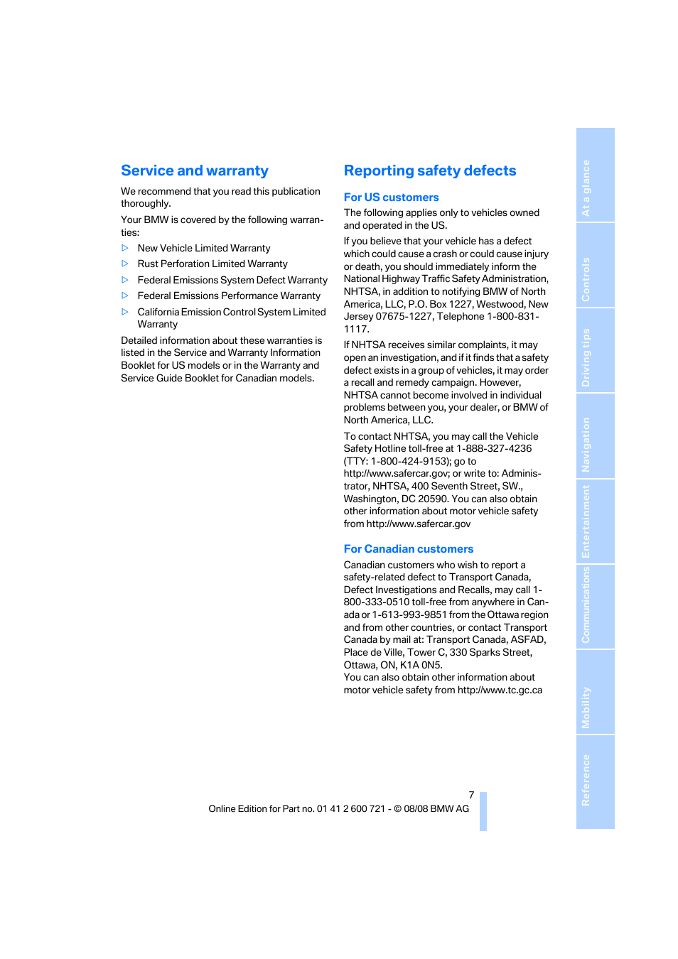 Service and warranty, Reporting safety defects | BMW 535i xDrive Sports Wagon 2009 User Manual | Page 9 / 294