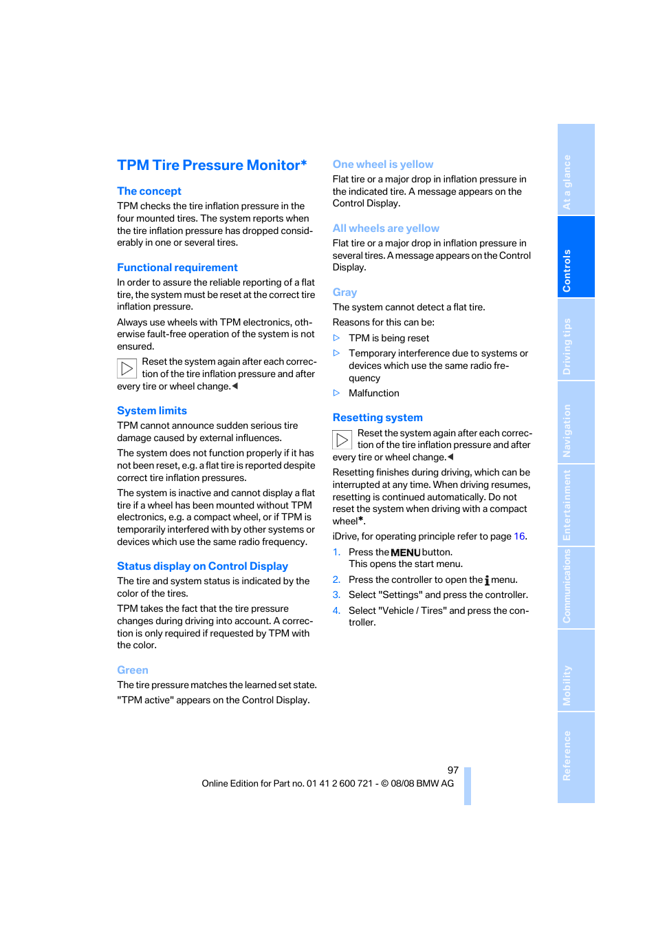 Tpm tire pressure monitor | BMW 535i xDrive Sports Wagon 2009 User Manual | Page 99 / 294