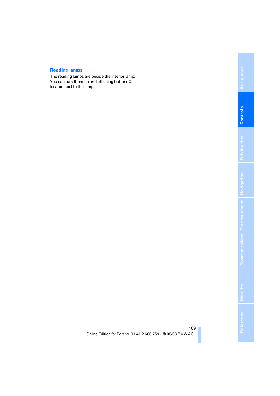 Reading lamps | BMW 650i Convertible 2009 User Manual | Page 111 / 272