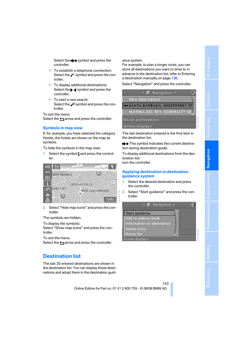 Destination list | BMW 650i Convertible 2009 User Manual | Page 145 / 272